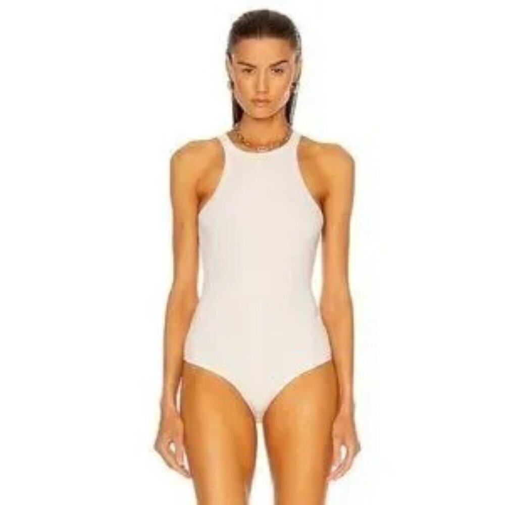 NWT Agolde Rianna High Neck Racerback Bodysuit. Jersey Rib Knit. Latte. Size M